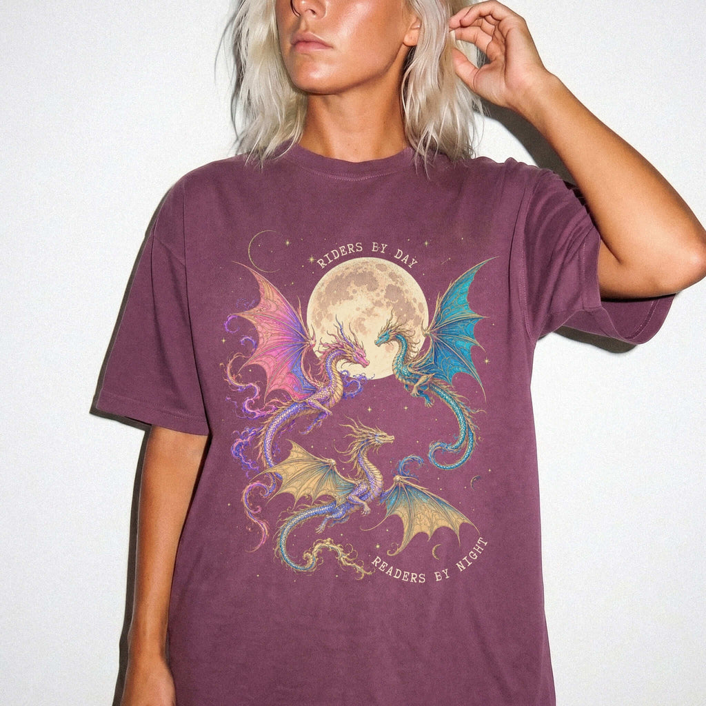 Berry Comfort Colors 1717 relaxed fit tee with colorful dragon moon riders by day readers by night romantasy graphic