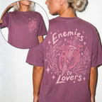 Berry Comfort Colors 1717 relaxed fit tee with enemies to lovers heart and dagger graphic on front chest and back