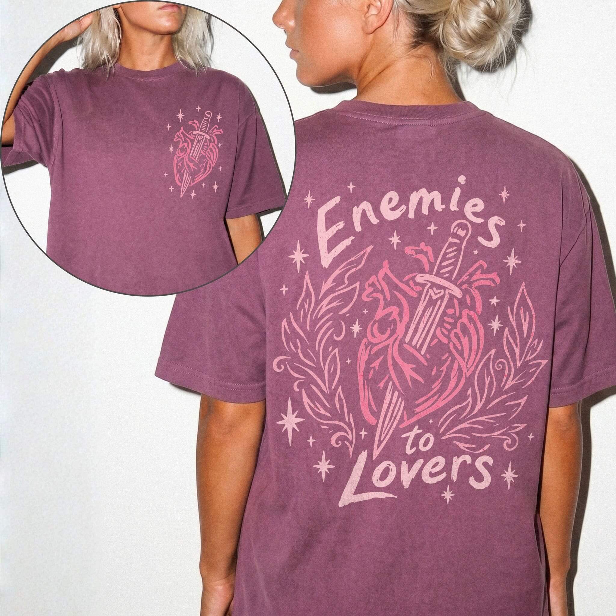 Berry Comfort Colors 1717 relaxed fit tee with enemies to lovers heart and dagger graphic on front chest and back