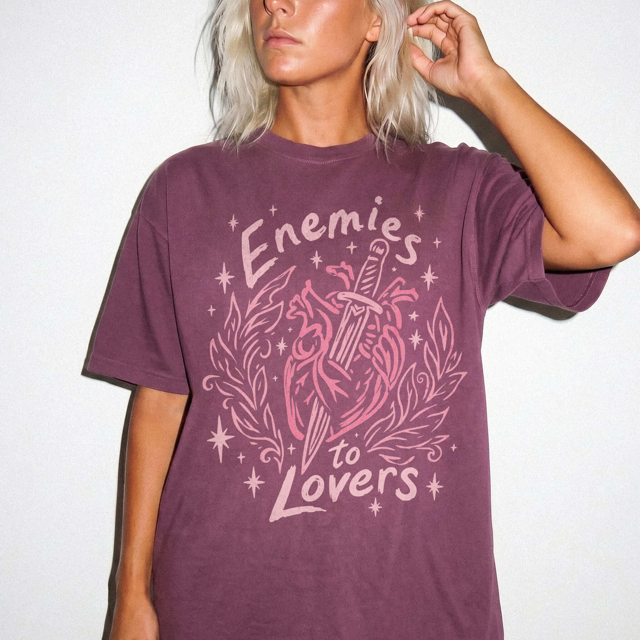 Berry Comfort Colors 1717 relaxed fit tee with enemies to lovers heart and dagger front graphic