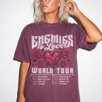 Berry Comfort Colors 1717 relaxed fit tee with Enemies to Lovers World Tour heart and roses dark romance graphic — front