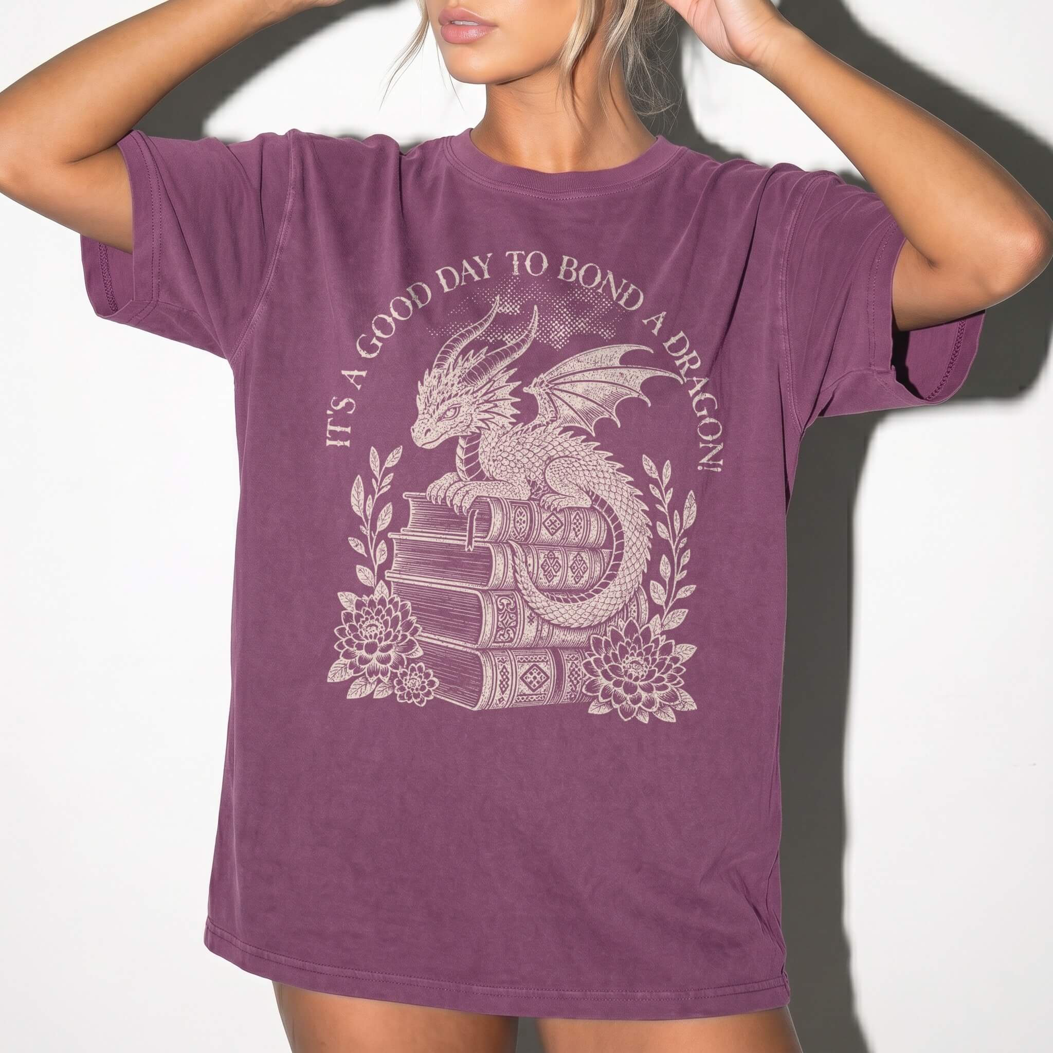 It's a Good Day to Bond a Dragon Tee in Berry – vintage-style Comfort Colors graphic tee for fantasy and romantasy readers