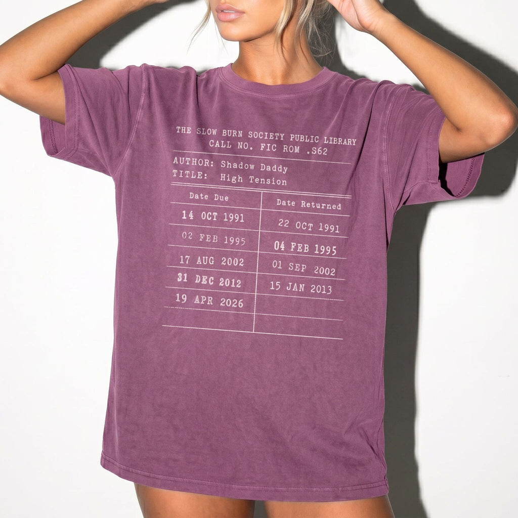 Berry Comfort Colors 1717 relaxed fit tee with Slow Burn Society Public Library card dark romance bookish graphic
