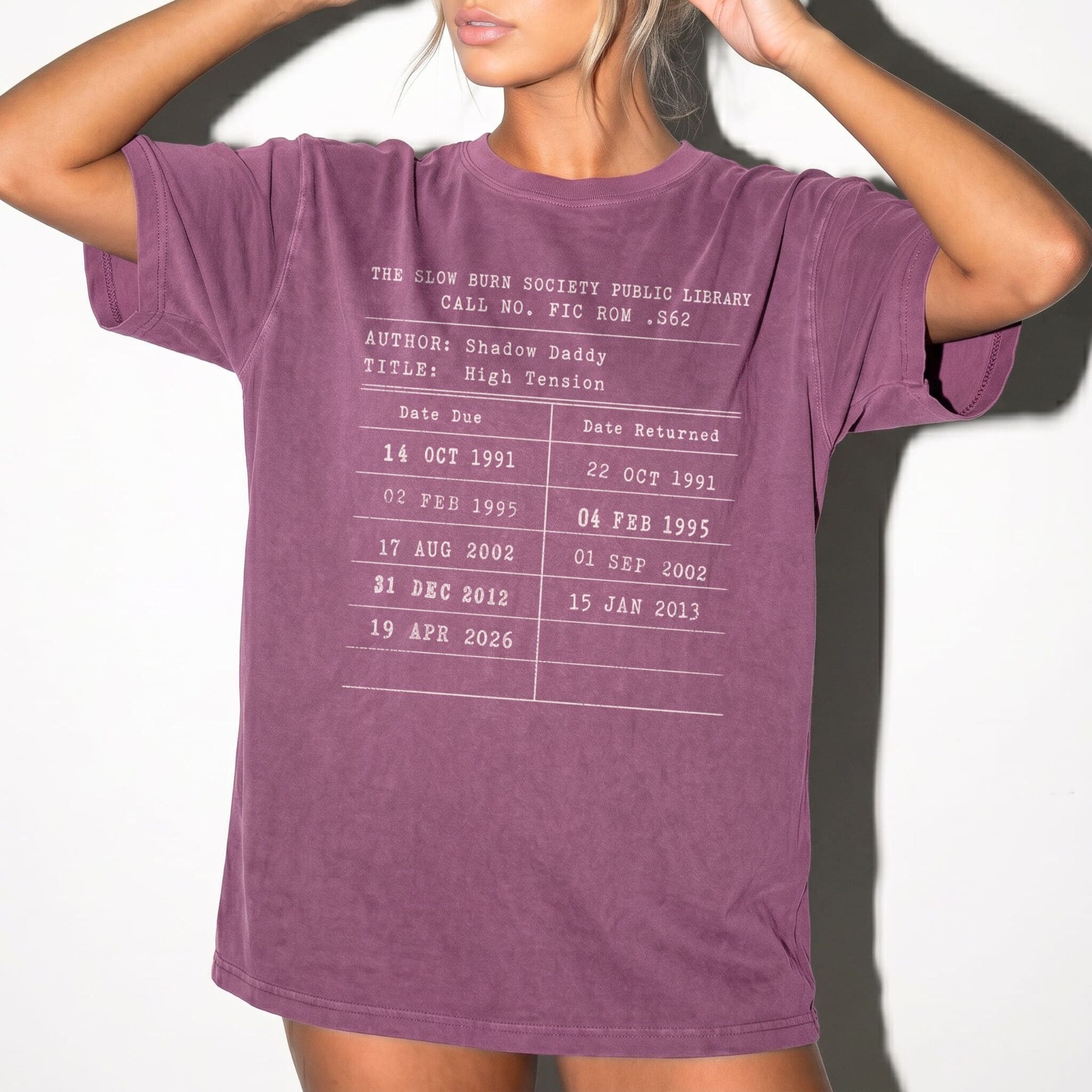 Berry Comfort Colors 1717 relaxed fit tee with Slow Burn Society Public Library card dark romance bookish graphic