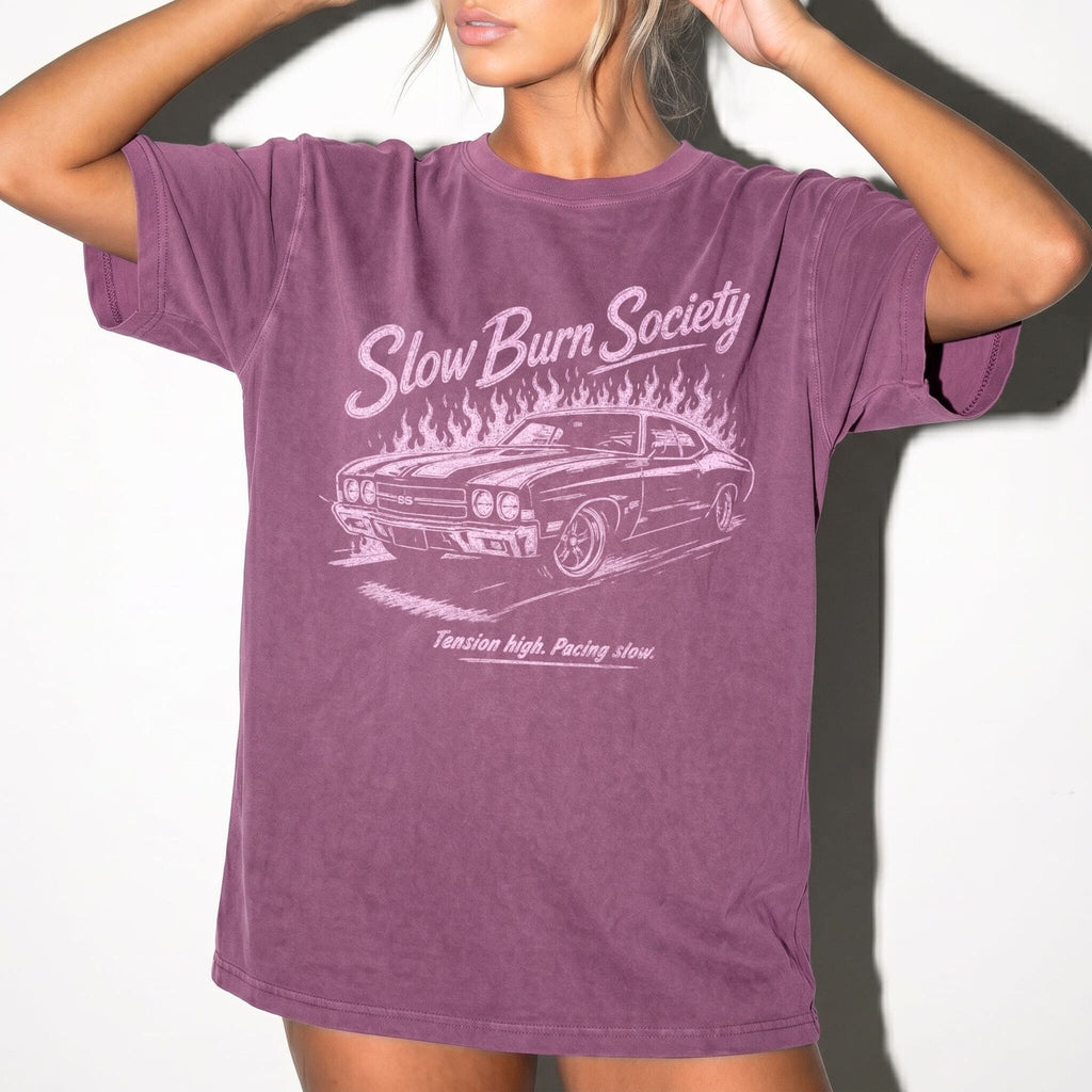 Berry Comfort Colors 1717 relaxed fit tee with Slow Burn Society retro car flames dark romance graphic — front