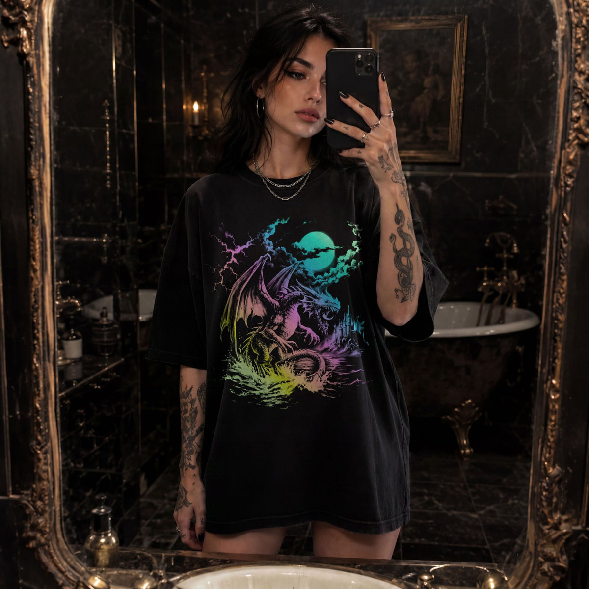 Dragon Moonlight retro 90s fantasy romantasy tee in black color Comfort Colors, featuring neon-inspired synthwave dragon graphic with moonlit castle and lightning.