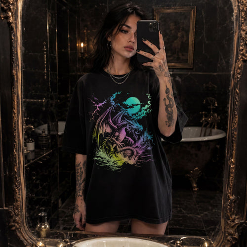 Dragon Moonlight retro 90s fantasy romantasy tee in black color Comfort Colors, featuring neon-inspired synthwave dragon graphic with moonlit castle and lightning.