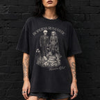 Hopeless Romantic Readers Club Tee in Black – vintage-style Comfort Colors graphic tee for dark romance readers. Graphic features a skeleton couple on their wedding day.