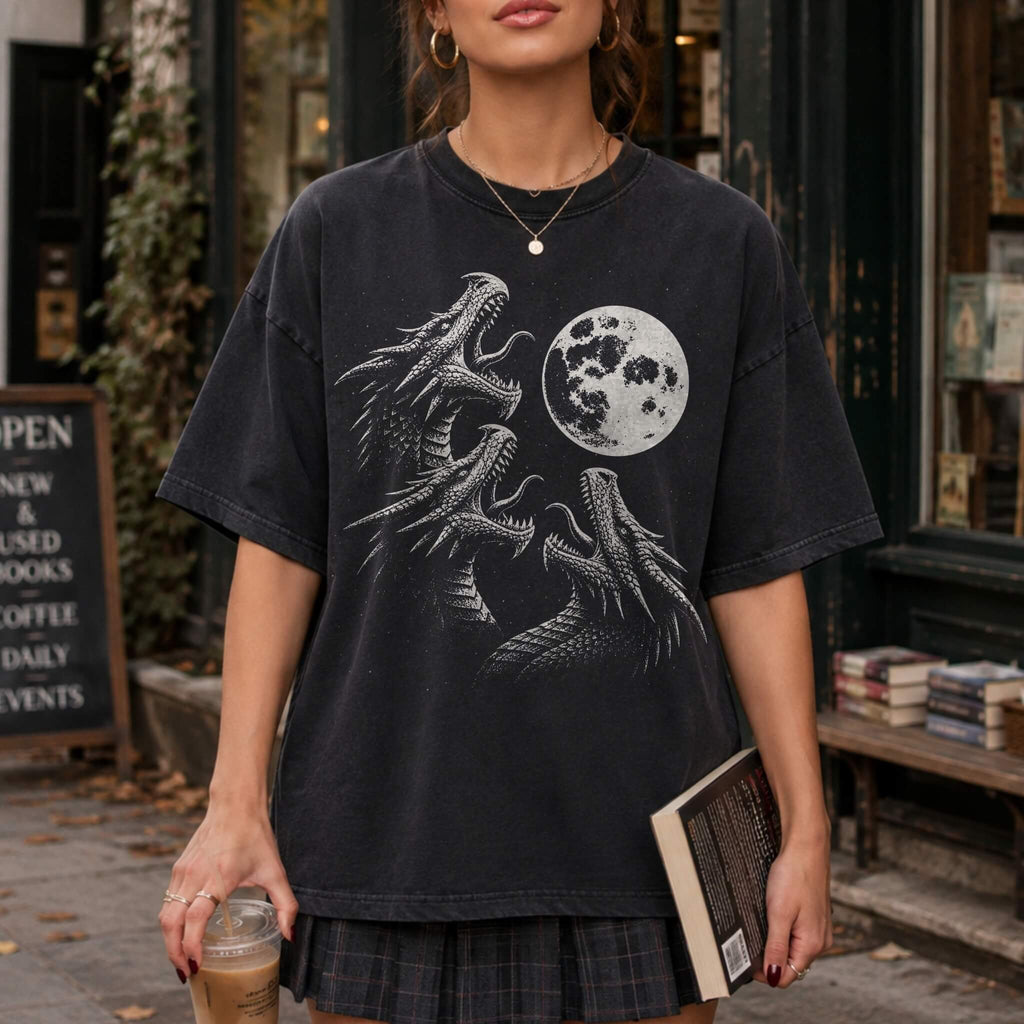 Three Dragons Howling at the Moon Tee in Black – vintage-style Comfort Colors graphic tee for fantasy and romantasy readers