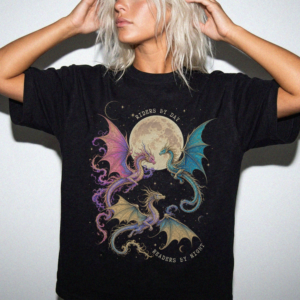 Black Comfort Colors 1717 relaxed fit tee with colorful dragon moon riders by day readers by night romantasy graphic