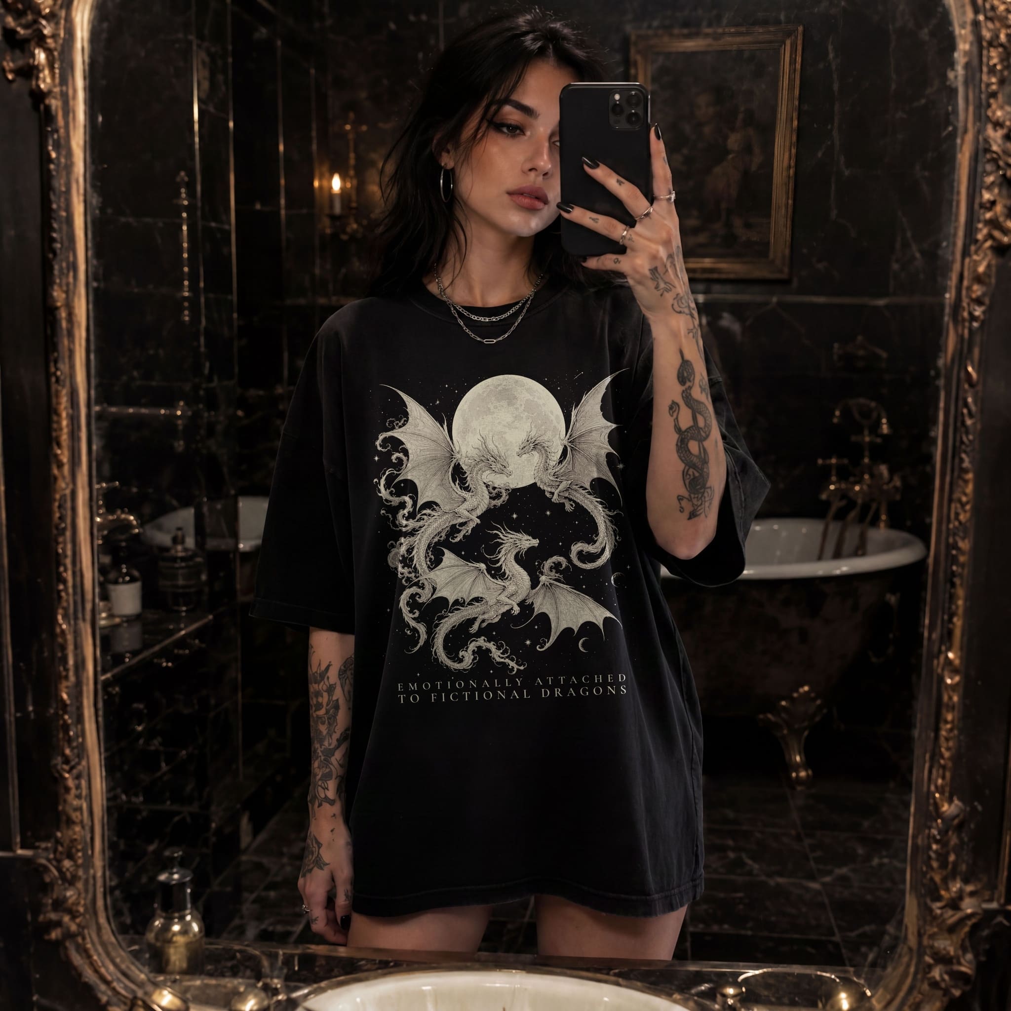 Black Comfort Colors 1717 relaxed fit tee with dragons and moon emotionally attached to fictional dragons romantasy graphic — front