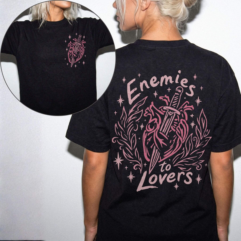 Black Comfort Colors 1717 relaxed fit tee with enemies to lovers heart and dagger graphic on front chest and back