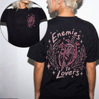 Black Comfort Colors 1717 relaxed fit tee with enemies to lovers heart and dagger graphic on front chest and back