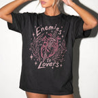 Black Comfort Colors 1717 relaxed fit tee with enemies to lovers heart and dagger front graphic