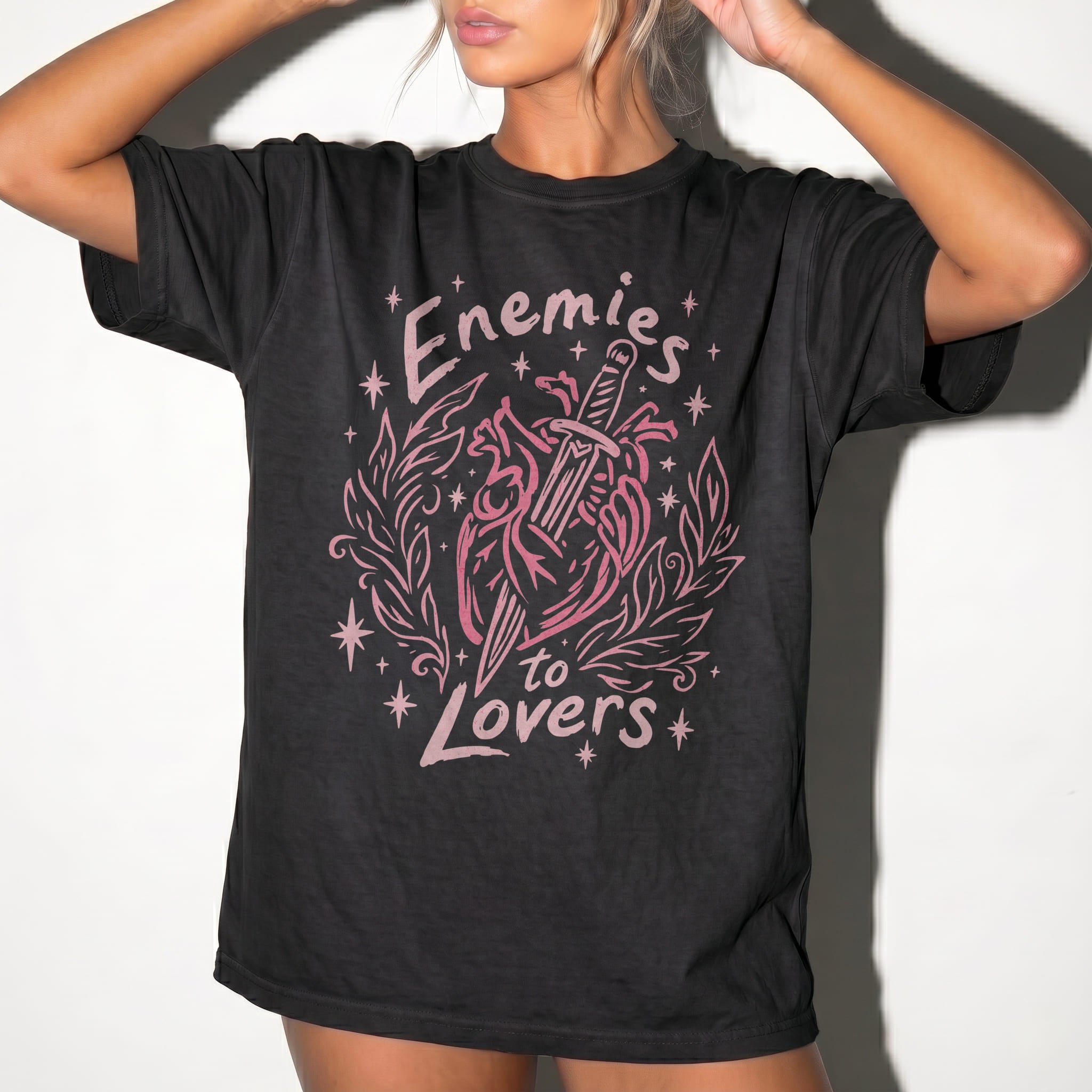 Black Comfort Colors 1717 relaxed fit tee with enemies to lovers heart and dagger front graphic