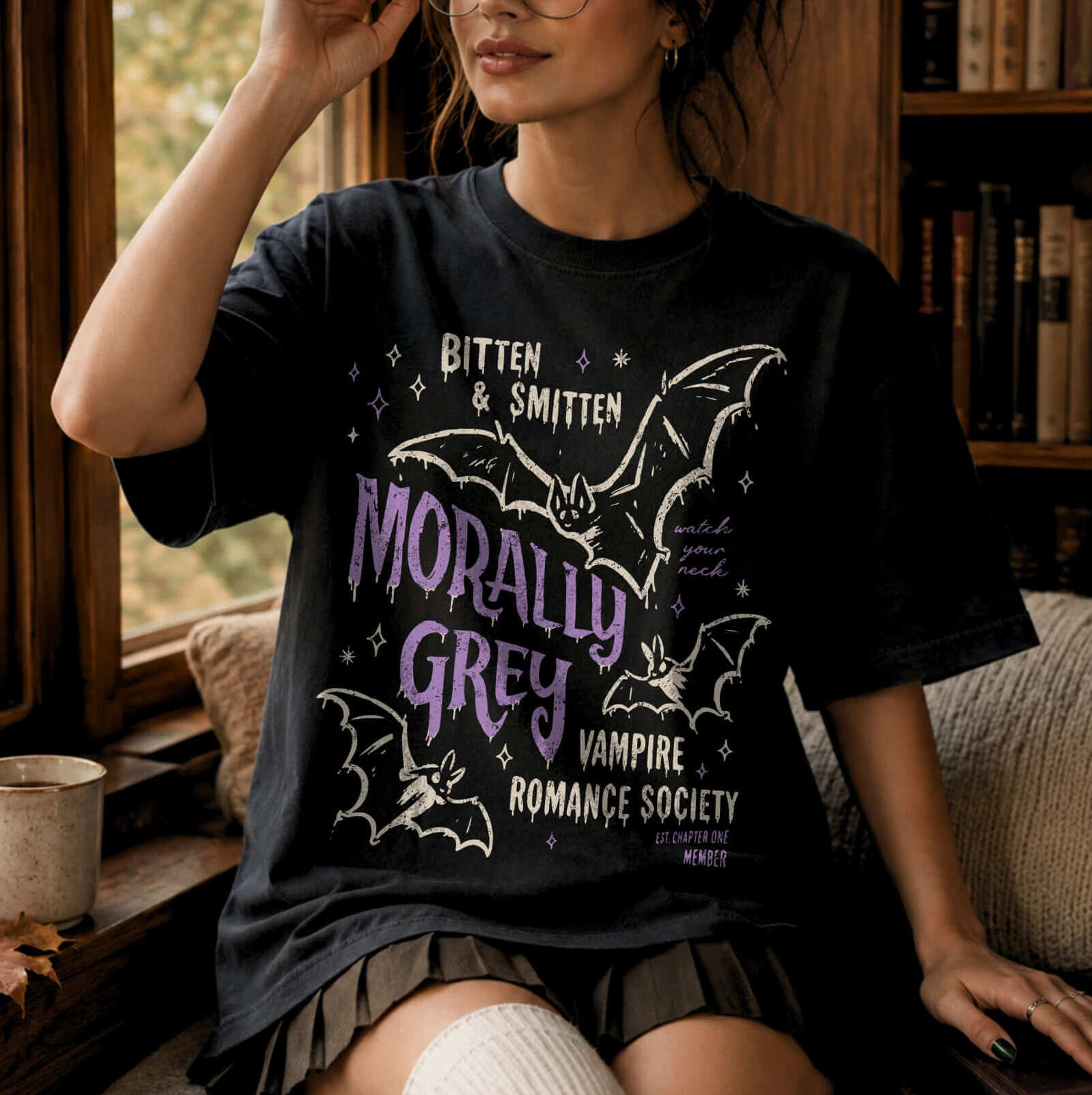 Black	Black Comfort Colors 1717 relaxed fit tee with retro Morally Grey Vampire Romance Society bat graphic in purple and white