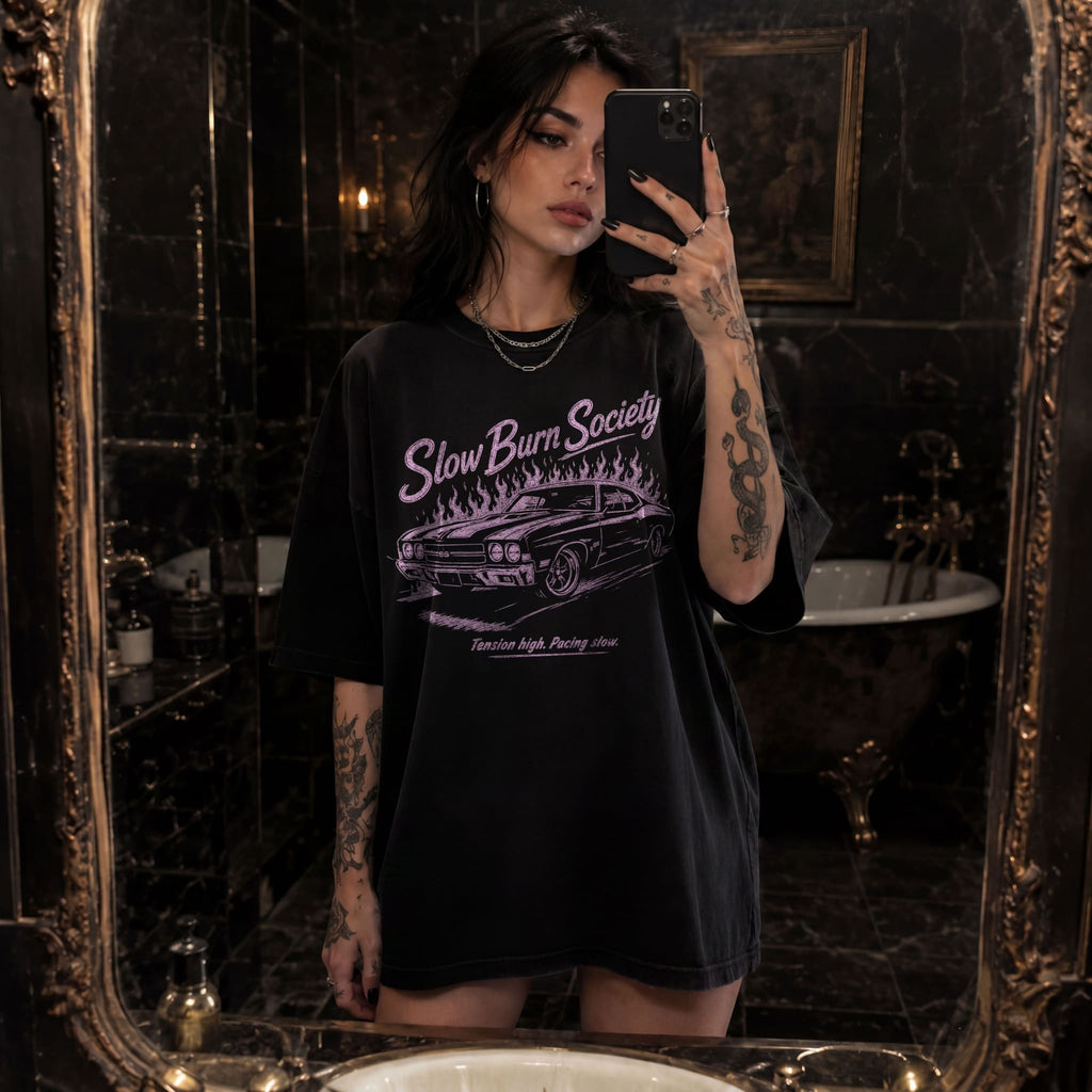 Black Comfort Colors 1717 relaxed fit tee with Slow Burn Society retro car flames dark romance graphic — front