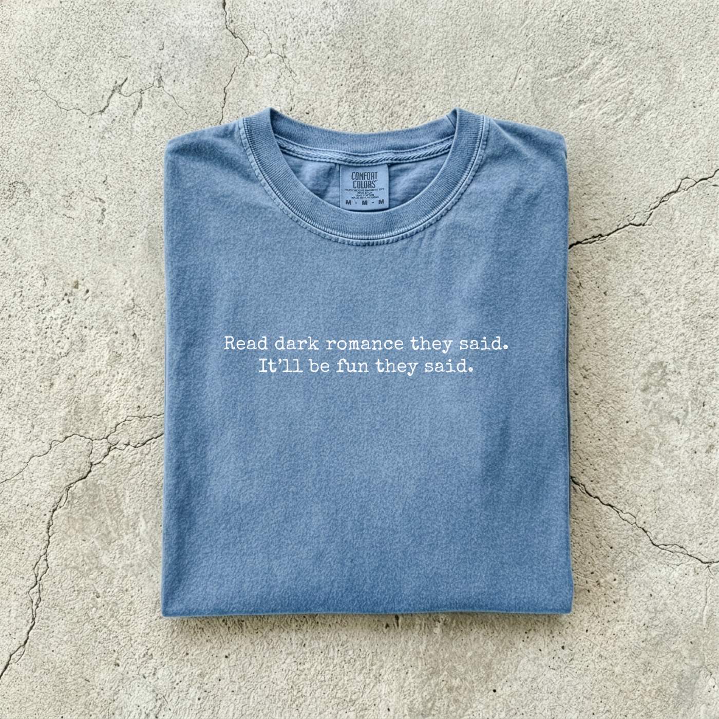Blue Jean Comfort Colors tee folded flat reading "Read dark romance they said. It'll be fun they said." in a minimal typewriter font.