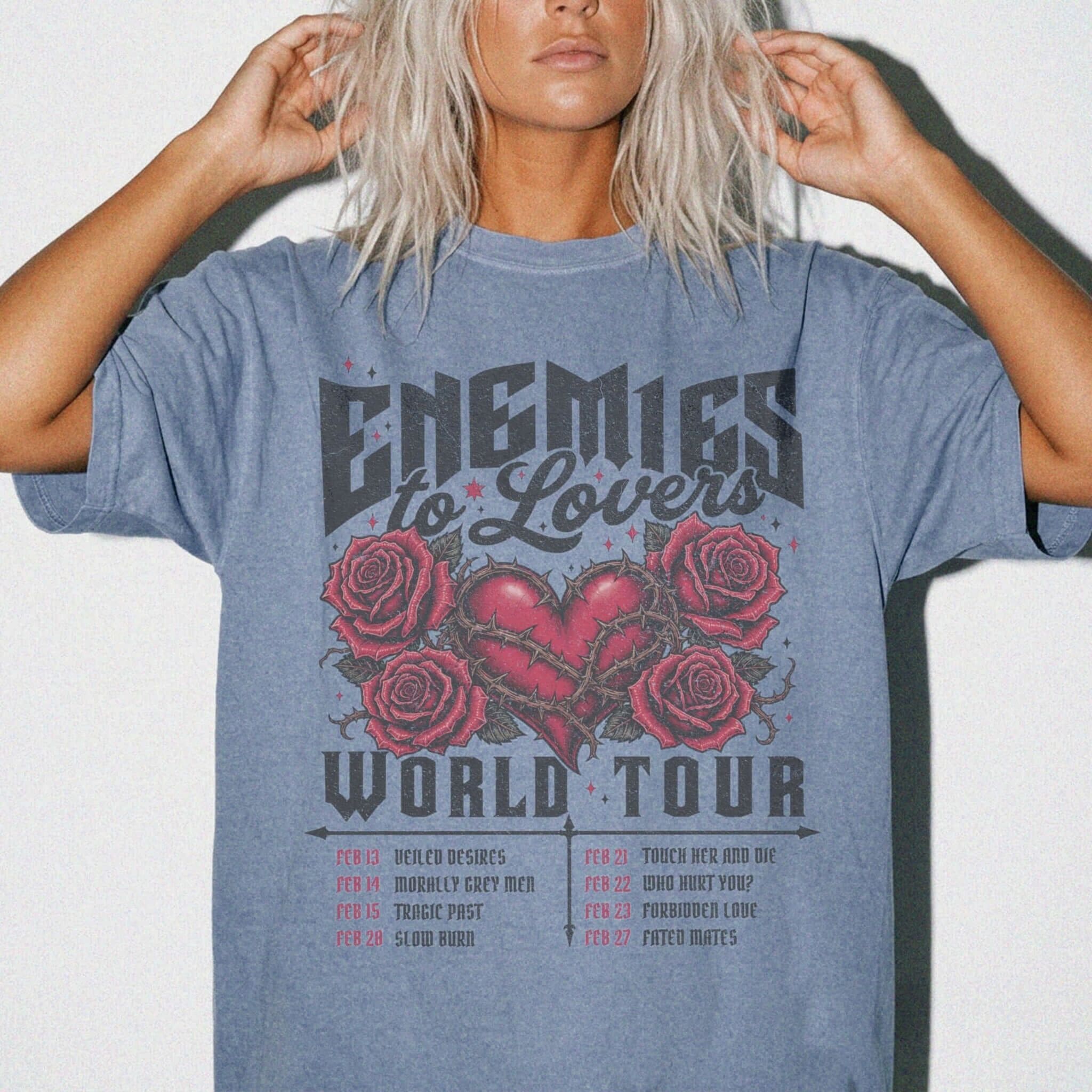 Blue Jean Comfort Colors 1717 relaxed fit tee with Enemies to Lovers World Tour heart and roses dark romance graphic — front
