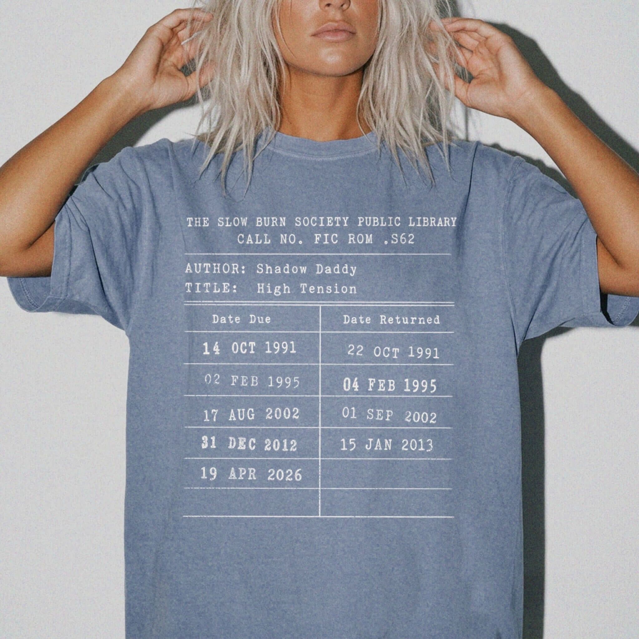 Blue Jean Comfort Colors 1717 relaxed fit tee with Slow Burn Society Public Library card dark romance bookish graphic