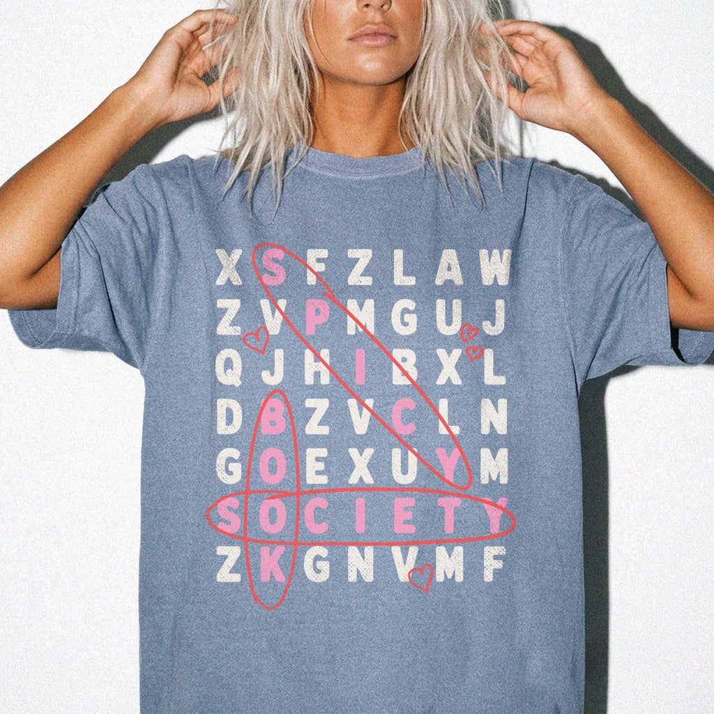 Blue Jean Comfort Colors 1717 relaxed fit tee with Spicy Book Society word search dark romance graphic — front