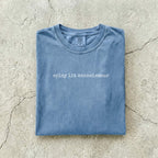 Blue Jean Comfort Colors tee folded flat on a concrete background reading "spicy lit connoisseur" in a minimal typewriter font.