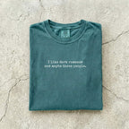 Blue Spruce Comfort Colors tee folded flat reading "I like dark romance and maybe three people." in a minimalist typewriter font.