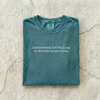 Blue Spruce Comfort Colors tee folded flat on a concrete background reading "Introverted, but willing to discuss spicy books." in a minimal typewriter font.