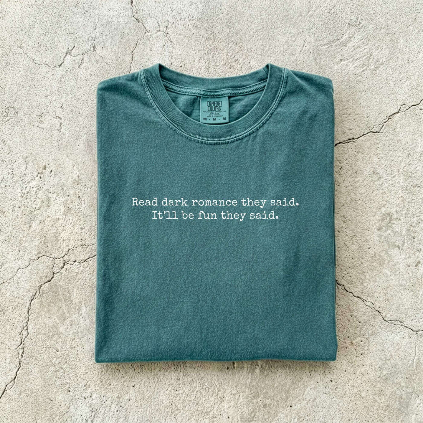 Blue Spruce Comfort Colors tee folded flat reading "Read dark romance they said. It'll be fun they said." in a minimal typewriter font.