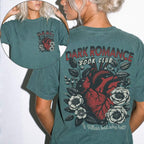 Blue Spruce Comfort Colors 1717 tee — Dark Romance Book Club front & back graphic with anatomical heart, flowers, and 'If Villain Bad, Why Hot?' — dark romance bookish apparel