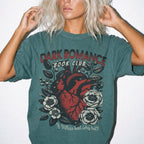 Blue Spruce Comfort Colors 1717 relaxed fit tee with Dark Romance Book Club anatomical heart floral graphic and if villain bad why hot text