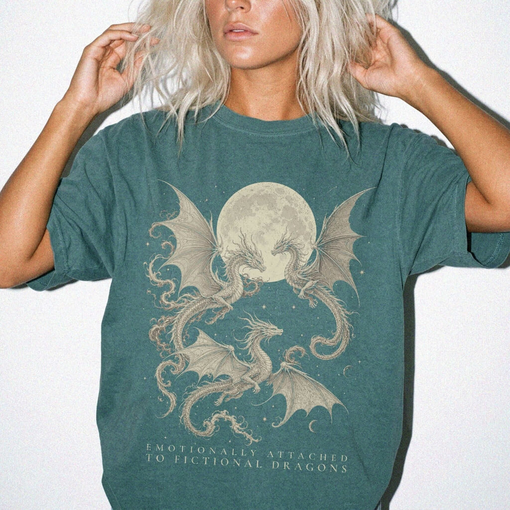Blue Spruce Comfort Colors 1717 relaxed fit tee with dragons and moon emotionally attached to fictional dragons romantasy graphic — front