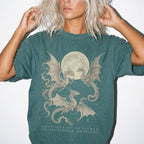 Blue Spruce Comfort Colors 1717 relaxed fit tee with dragons and moon emotionally attached to fictional dragons romantasy graphic — front