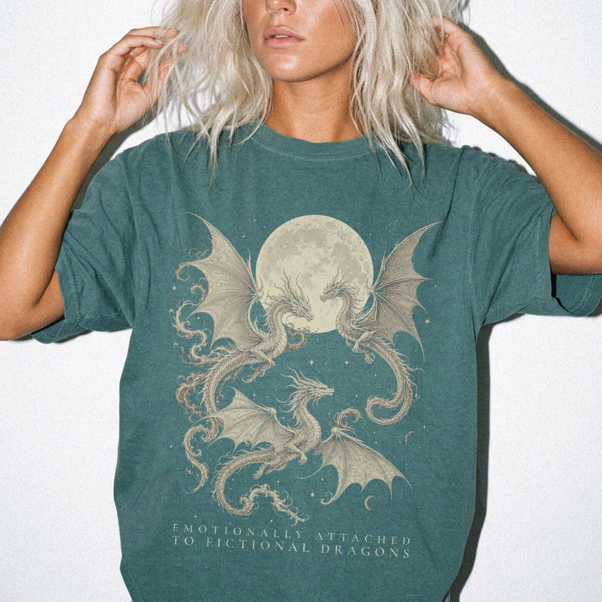 Blue Spruce Comfort Colors 1717 relaxed fit tee with dragons and moon emotionally attached to fictional dragons romantasy graphic — front