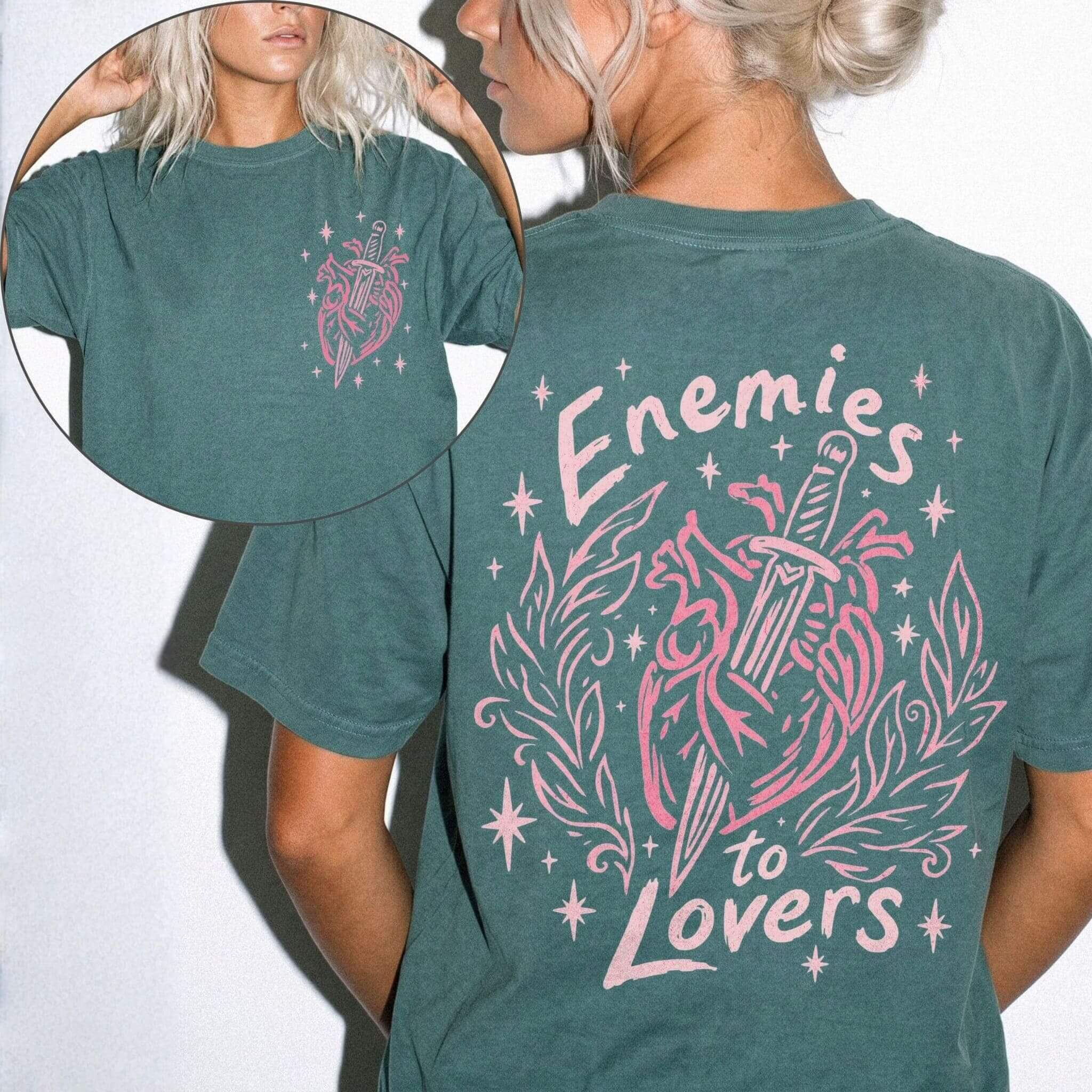 Blue Spruce Comfort Colors 1717 relaxed fit tee with enemies to lovers heart and dagger graphic on front chest and back
