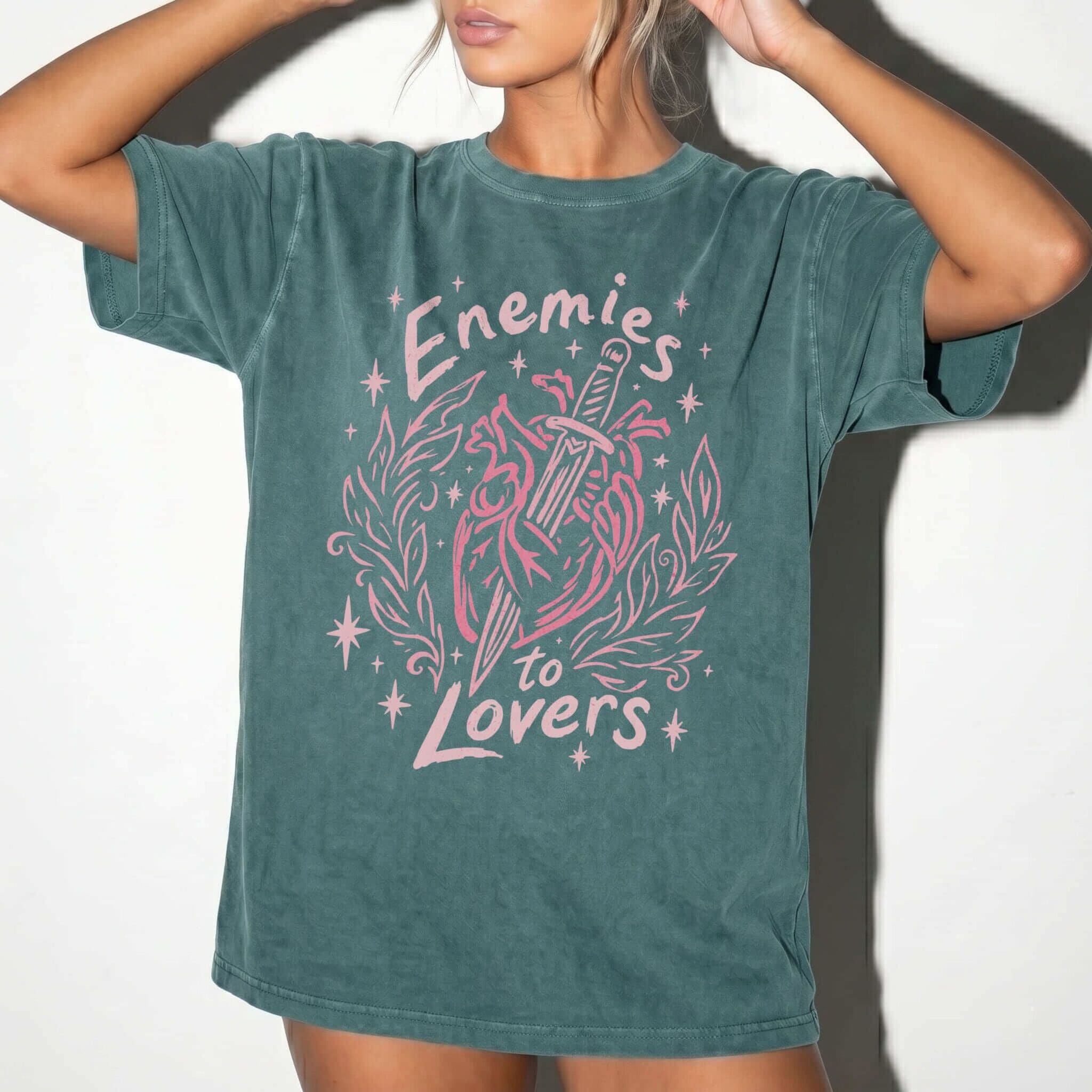 Blue Spruce Comfort Colors 1717 relaxed fit tee with enemies to lovers heart and dagger front graphic