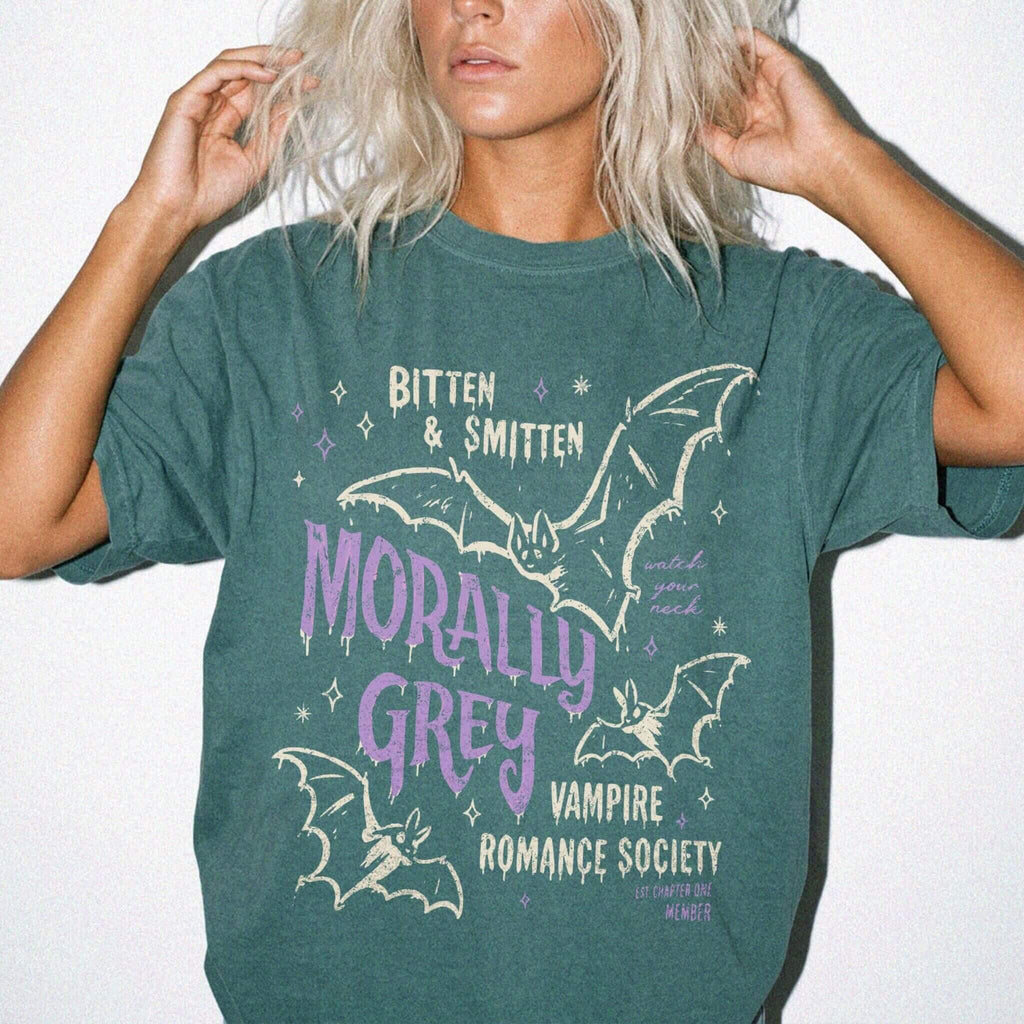 Blue Spruce Comfort Colors 1717 relaxed fit tee with retro Morally Grey Vampire Romance Society bat graphic in purple and white