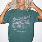 Blue Spruce Comfort Colors 1717 relaxed fit tee with Slow Burn Society retro car flames dark romance graphic — front