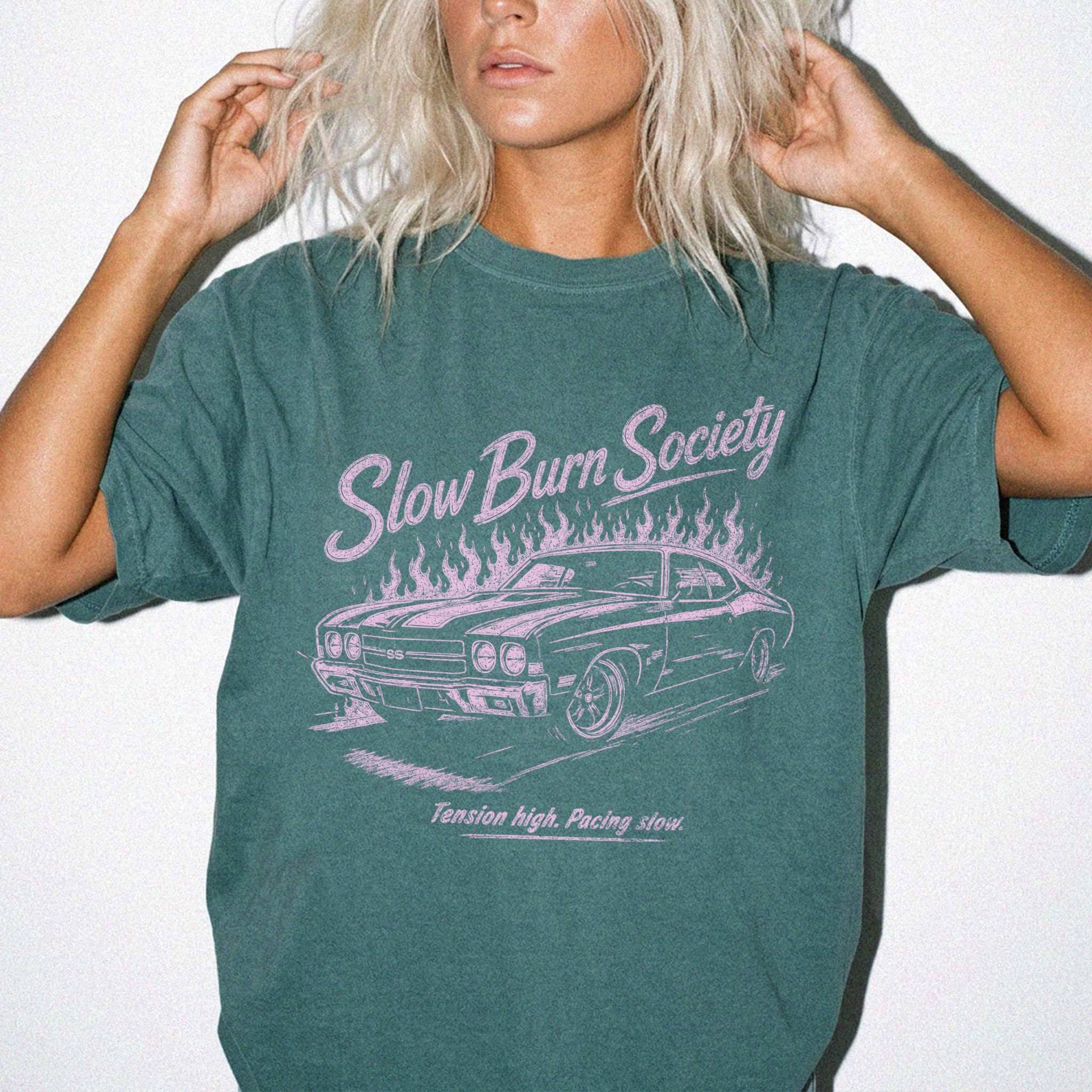 Blue Spruce Comfort Colors 1717 relaxed fit tee with Slow Burn Society retro car flames dark romance graphic — front