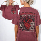 Brick Comfort Colors 1717 tee — Dark Romance Book Club front & back graphic with anatomical heart, flowers, and 'If Villain Bad, Why Hot?' — dark romance bookish apparel