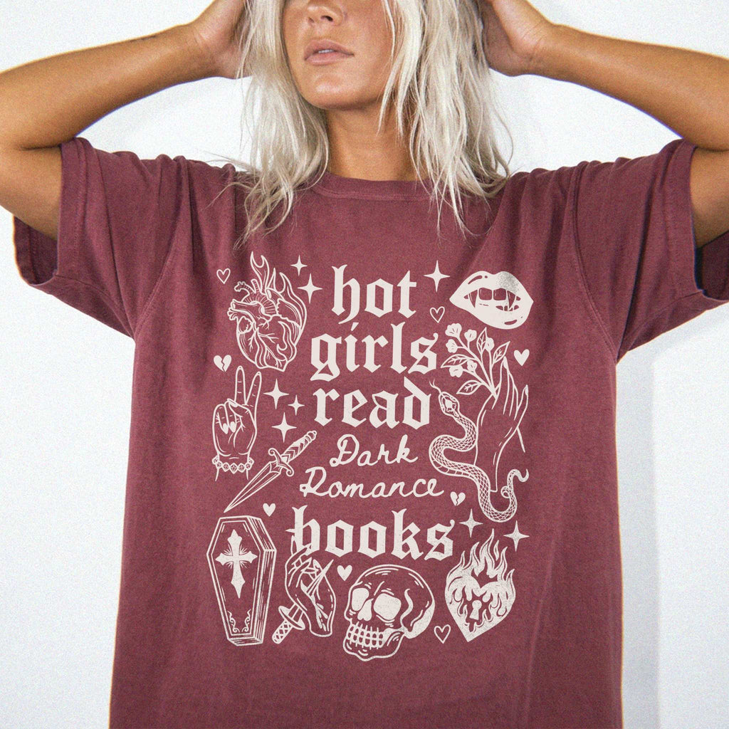 Hot Girls Read Dark Romance Books relaxed fit graphic tee in Brick with gothic tattoo-style skull, snake, lips, and dagger print - Novelspun Apparel