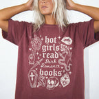 Hot Girls Read Dark Romance Books relaxed fit graphic tee in Brick with gothic tattoo-style skull, snake, lips, and dagger print - Novelspun Apparel