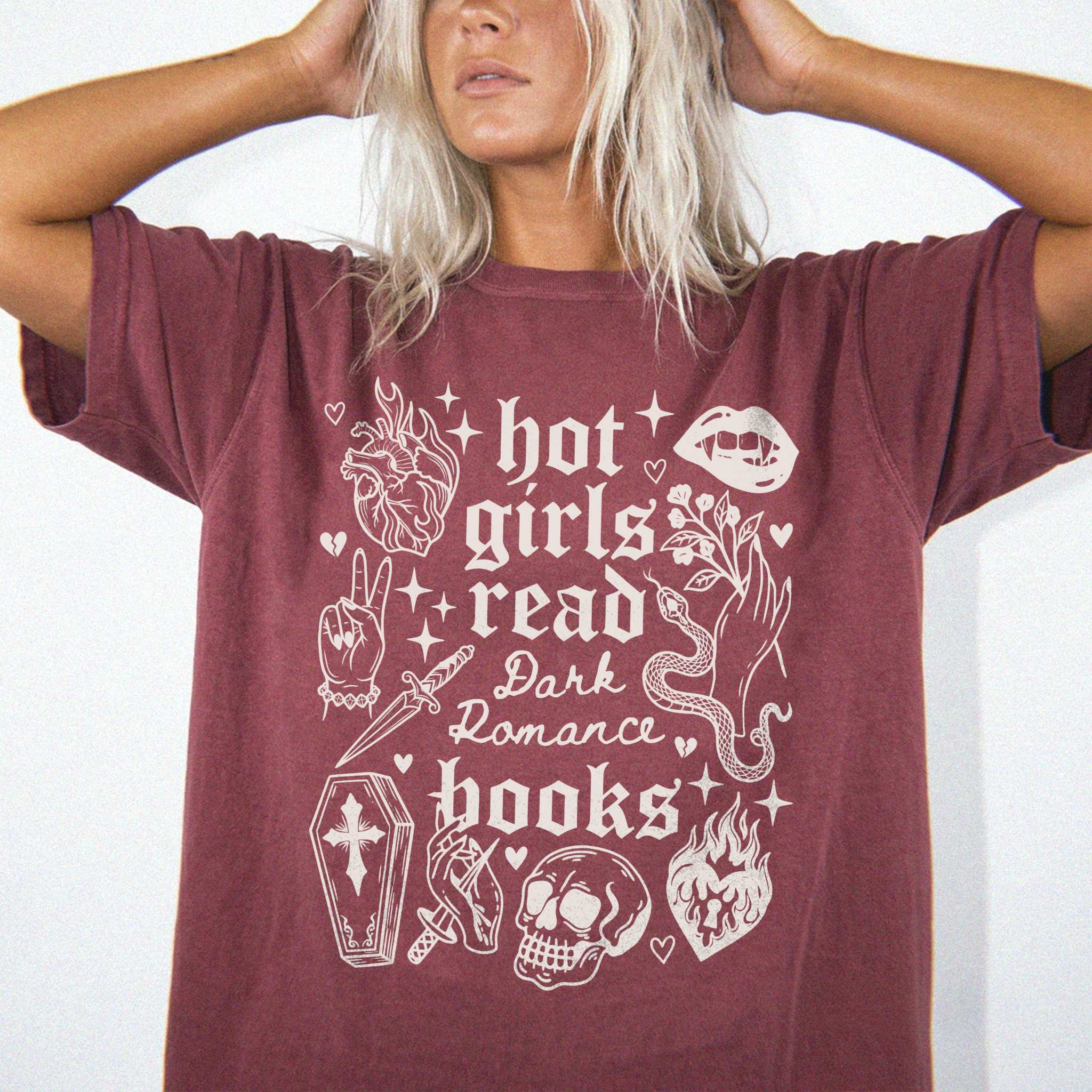 Hot Girls Read Dark Romance Books relaxed fit graphic tee in Brick with gothic tattoo-style skull, snake, lips, and dagger print - Novelspun Apparel