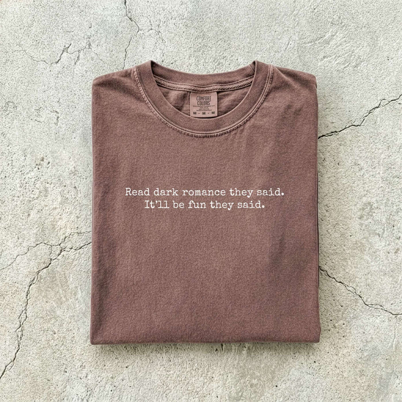 Espresso Comfort Colors tee folded flat reading "Read dark romance they said. It'll be fun they said." in a minimal typewriter font.