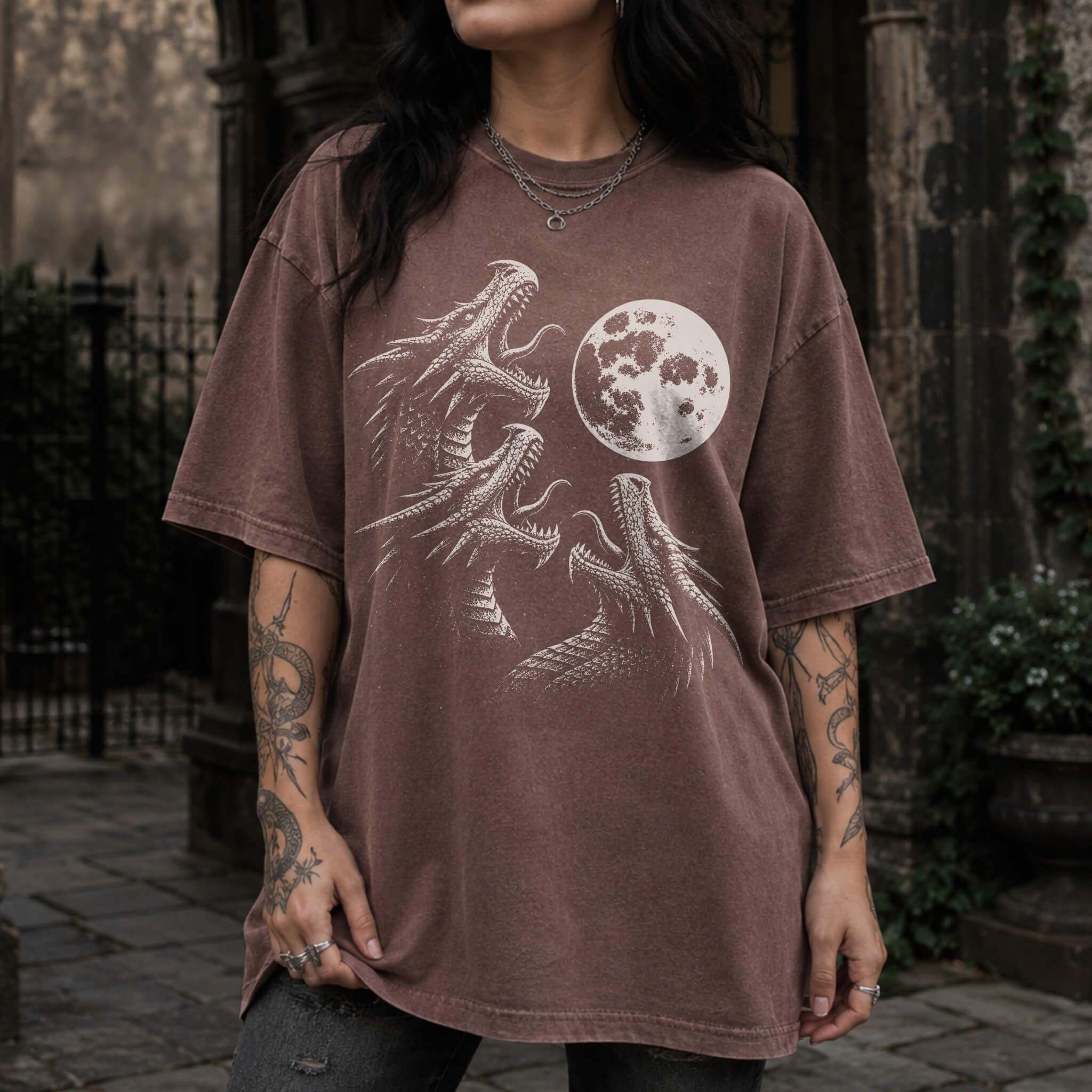 Three Dragons Howling at the Moon Tee in Espresso – vintage-style Comfort Colors graphic tee for fantasy and romantasy readers