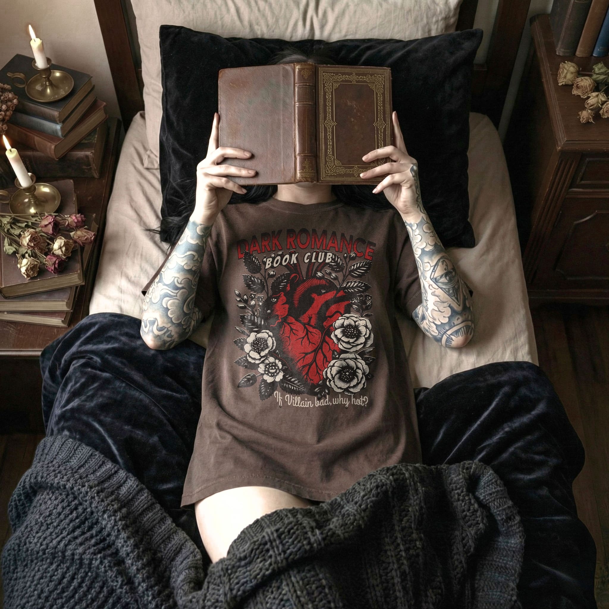 Espresso Comfort Colors 1717 relaxed fit tee with Dark Romance Book Club anatomical heart floral graphic and if villain bad why hot text