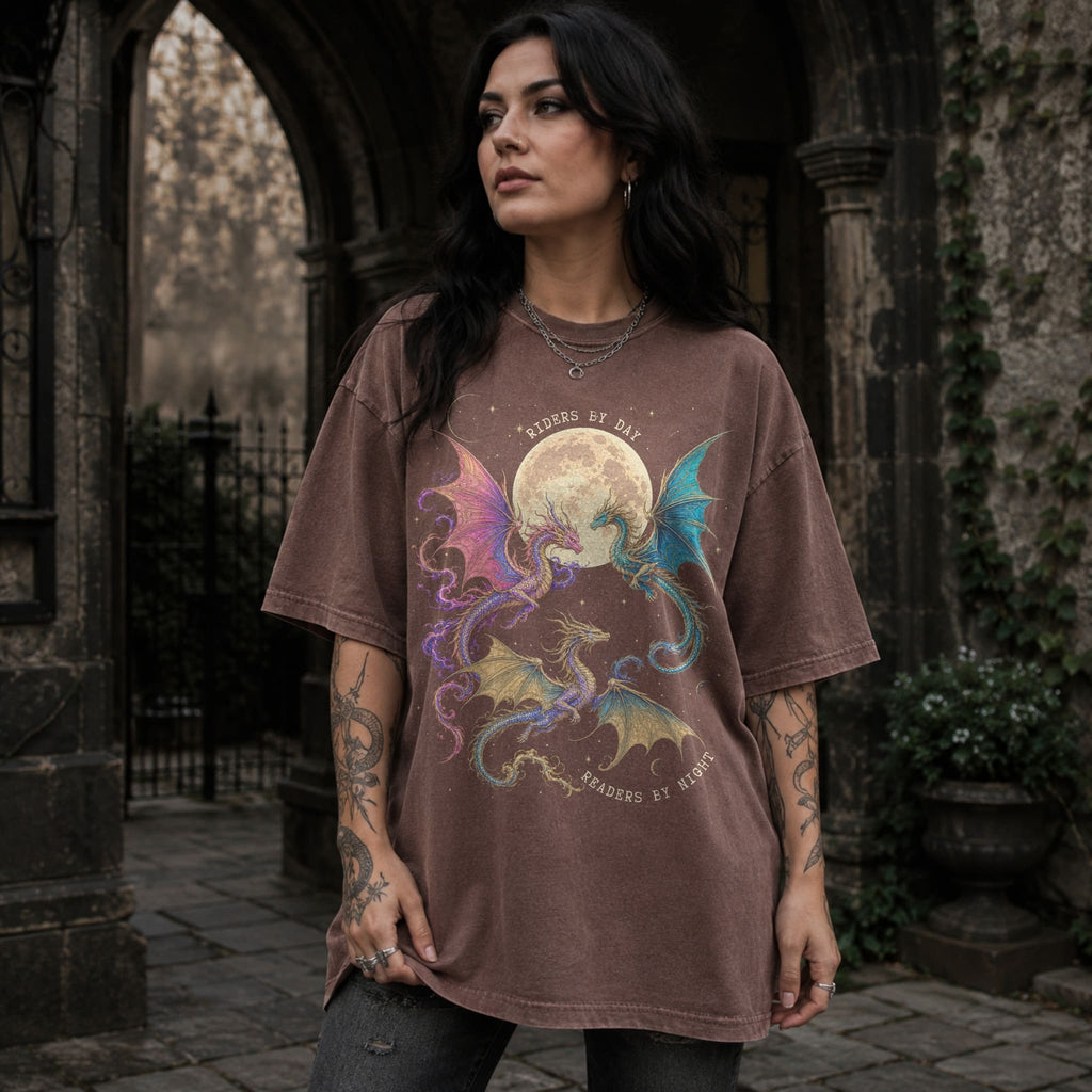 Espresso Comfort Colors 1717 relaxed fit tee with colorful dragon moon riders by day readers by night romantasy graphic