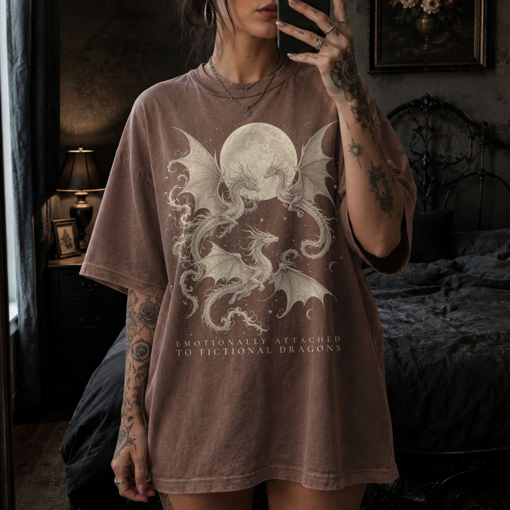 Espresso Comfort Colors 1717 relaxed fit tee with dragons and moon emotionally attached to fictional dragons romantasy graphic — front