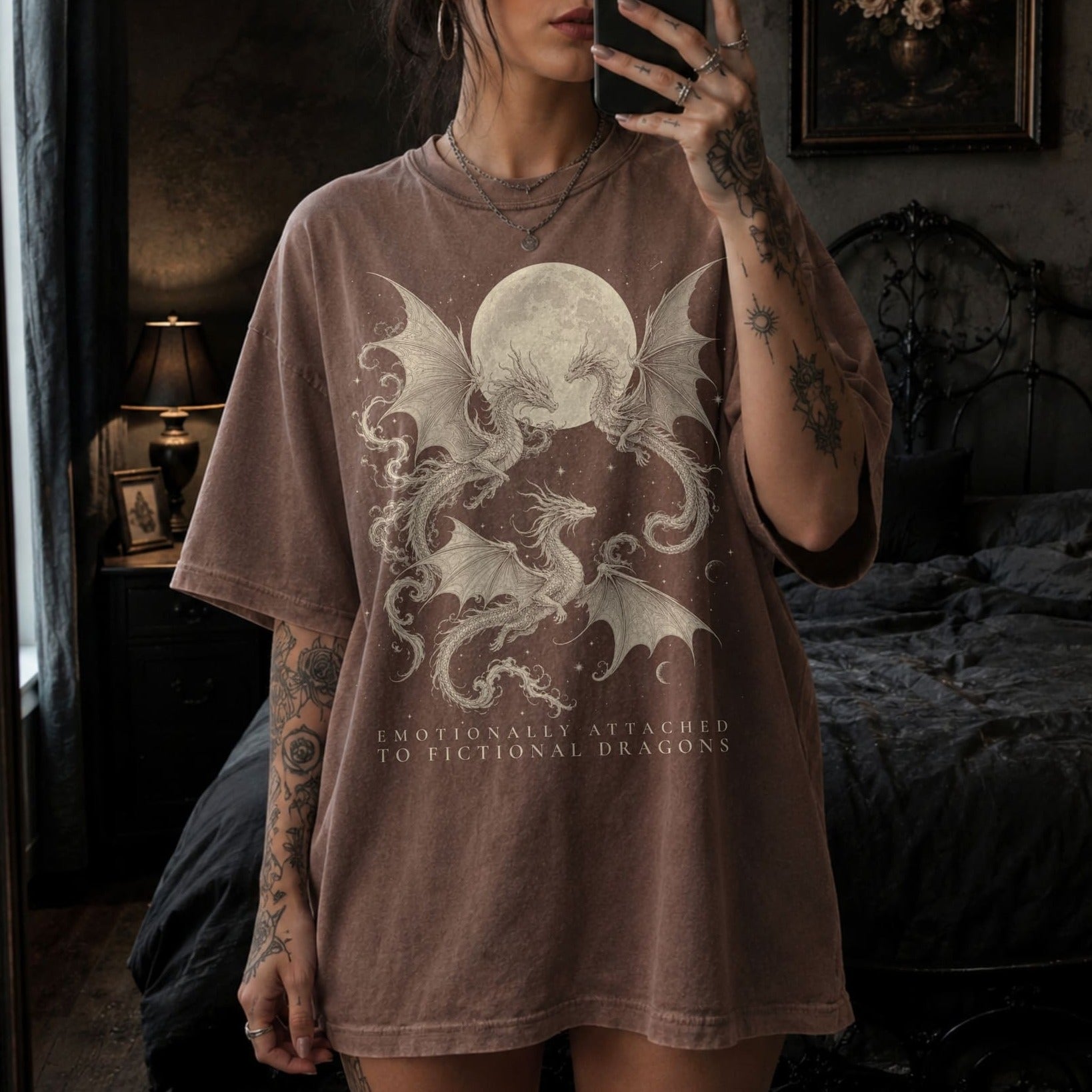 Espresso Comfort Colors 1717 relaxed fit tee with dragons and moon emotionally attached to fictional dragons romantasy graphic — front