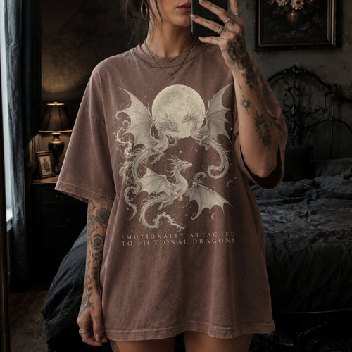 Espresso Comfort Colors 1717 relaxed fit tee with dragons and moon emotionally attached to fictional dragons romantasy graphic — front
